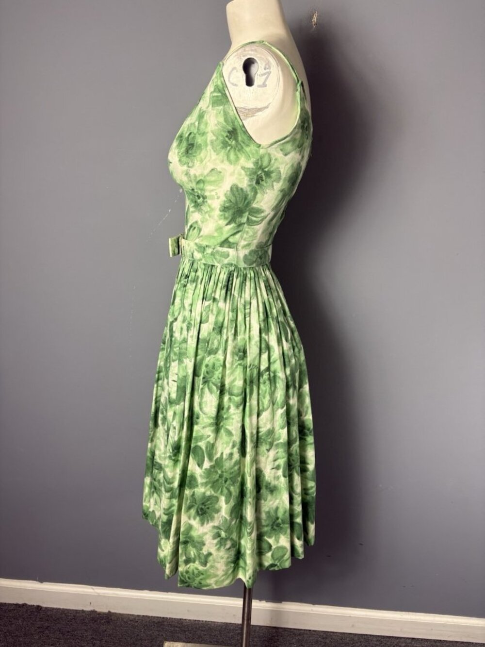 Vintage 1950s Womens XXS/00 Green Floral Belted Fit n Flare Dress Kay Juniors - Picture 6 of 14